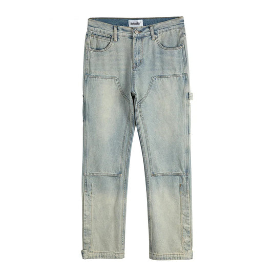 Washed Distressed Spliced Straight-leg Jeans - VONVEX