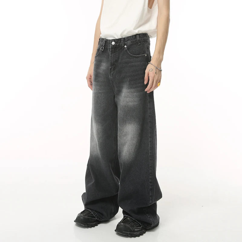 Distressed Wide Leg Baggy Denim Jeans     - VONVEX