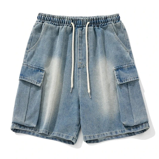 Casual Large Pocket Cargo Denim Short  Blue M  - VONVEX