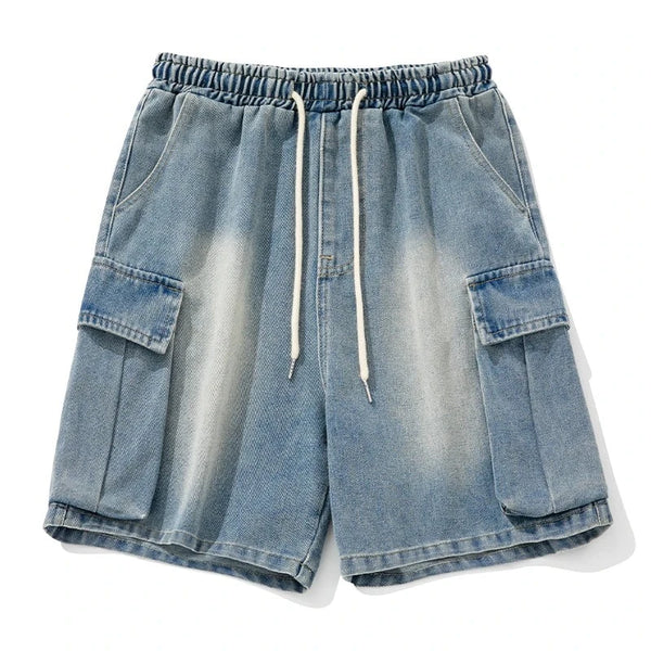 Casual Large Pocket Cargo Denim Short  Blue M  - VONVEX