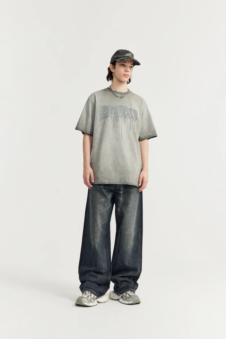 Washed Wide Leg Blue Denim Jeans     - VONVEX