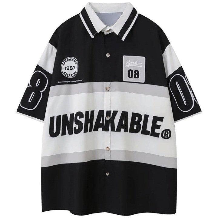 Letter Patchwork Oversized Shirt  Black M  - VONVEX