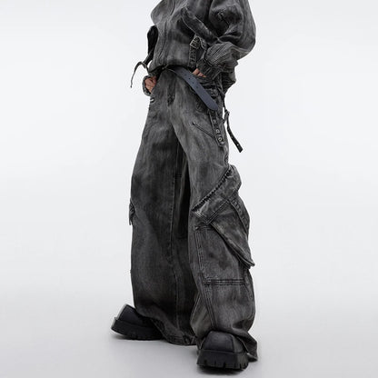 Baggy Washed Denim Jeans (Trendy)  Grey Trousers S  - VONVEX