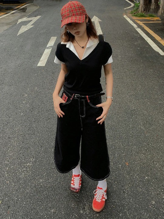 Y2k Tartan Retro Patchwork Baggy Jeans - VONVEX
