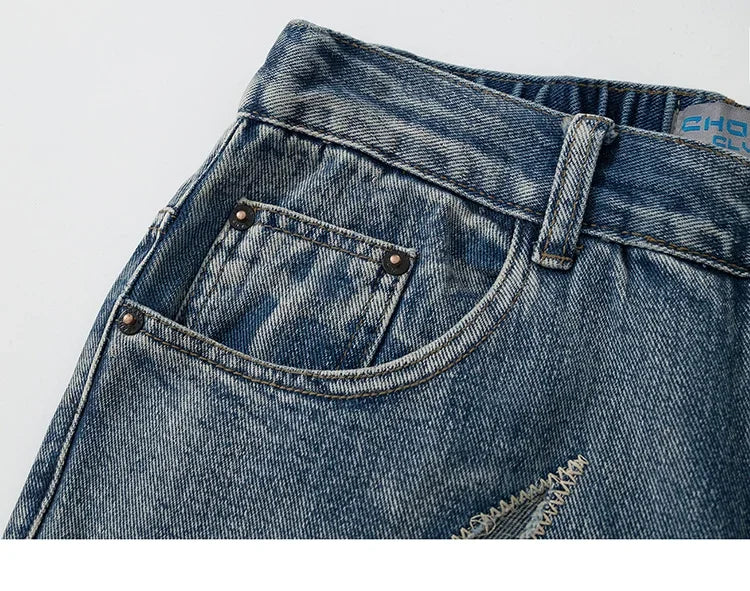 Flame Embroidery Denim Jeans     - VONVEX