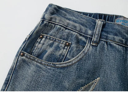 Flame Embroidery Denim Jeans     - VONVEX
