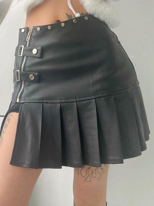 Retro Leather Pleated Skirt  Black XS  - VONVEX