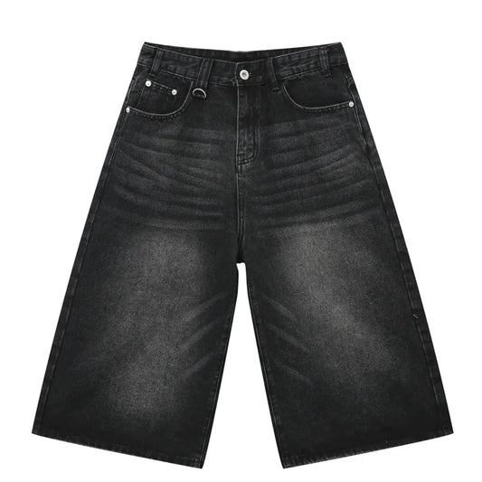 Vintage Washed Denim Wide Leg Short  Black-grey M  - VONVEX