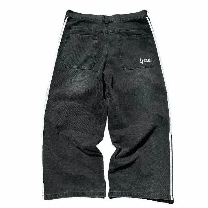 Y2K Black & White Striped Baggy Jeans     - VONVEX