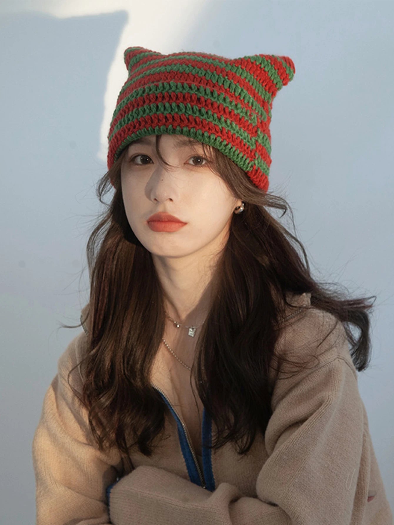 Cute Cat Ears Striped Beanie     - VONVEX