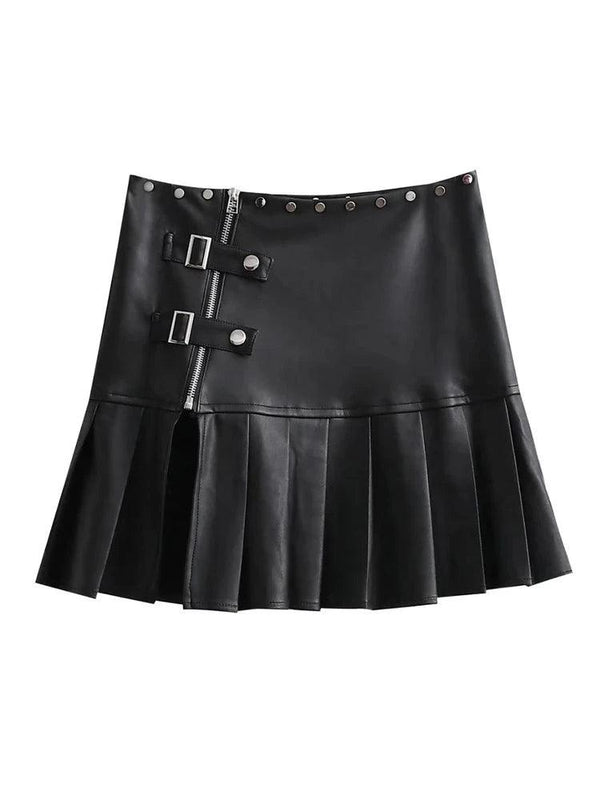 Retro Leather Pleated Skirt     - VONVEX