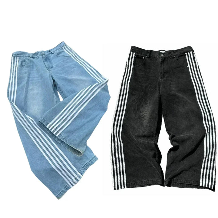 Y2K Black & White Striped Baggy Jeans     - VONVEX