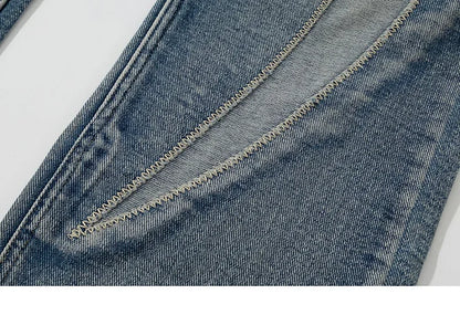 Flame Embroidery Denim Jeans     - VONVEX