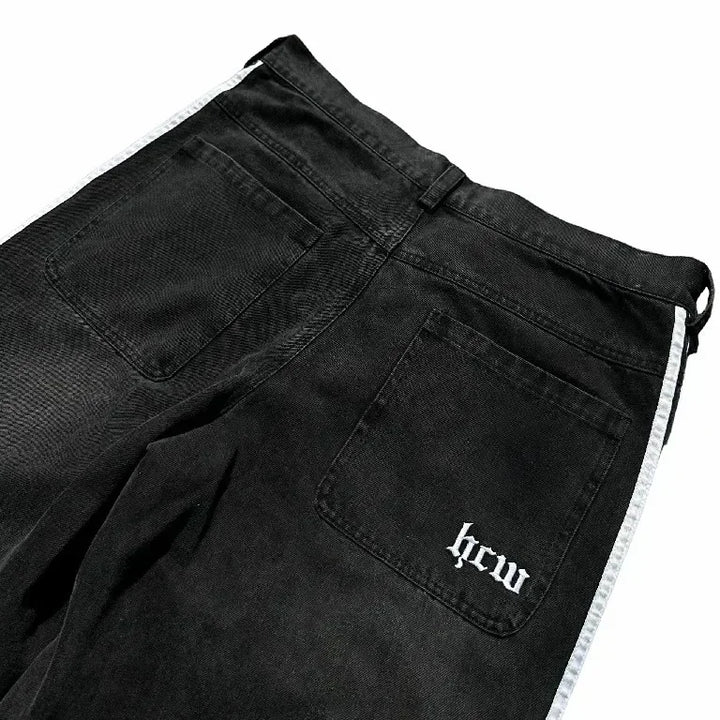 Y2K Black & White Striped Baggy Jeans     - VONVEX