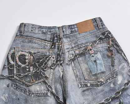 Y2K Chain Frayed Jeans     - VONVEX