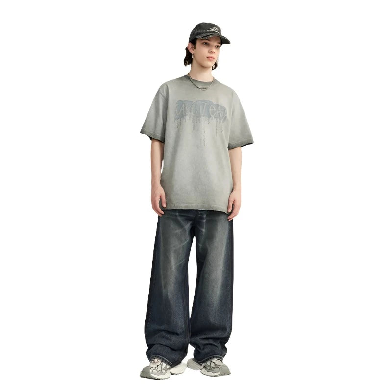 Washed Wide Leg Blue Denim Jeans     - VONVEX