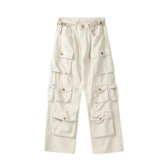 Cargo Multi Pockets Straight Long Pants  Rice White M  - VONVEX