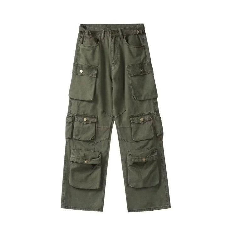 Cargo Multi Pockets Straight Long Pants  Army Green M  - VONVEX