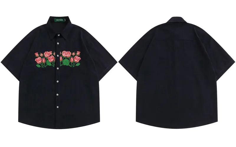Casual Embroidery Floral Shirt  Navy Blue M  - VONVEX