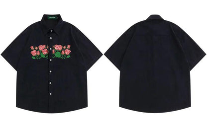 Casual Embroidery Floral Shirt  Navy Blue M  - VONVEX