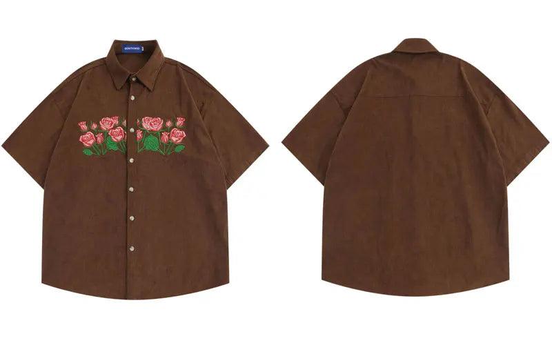 Casual Embroidery Floral Shirt  Brown M  - VONVEX