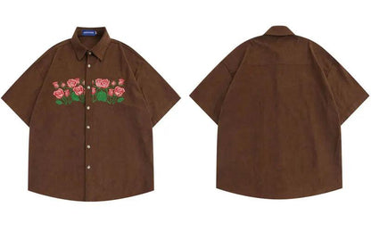 Casual Embroidery Floral Shirt  Brown M  - VONVEX