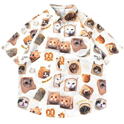 Cat Graphic Print Oversize Shirt     - VONVEX
