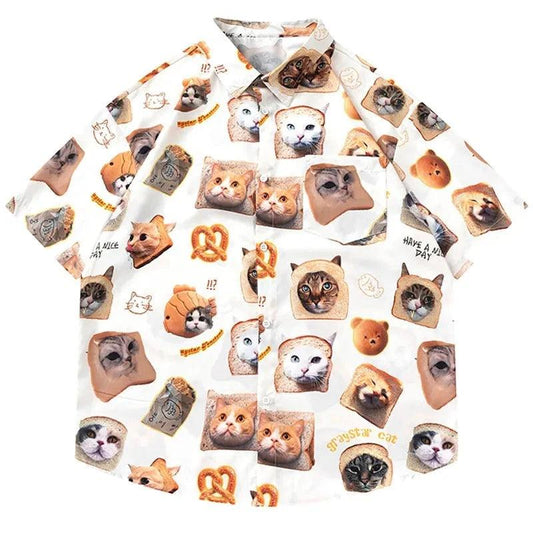 Cat Graphic Print Oversize Shirt     - VONVEX