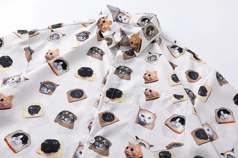Cat Graphic Print Oversize Shirt     - VONVEX