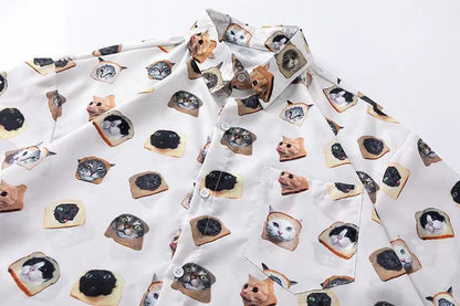 Cat Graphic Print Oversize Shirt     - VONVEX