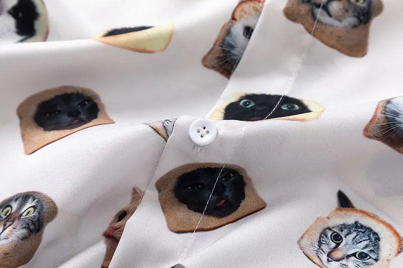Cat Graphic Print Oversize Shirt     - VONVEX