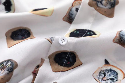 Cat Graphic Print Oversize Shirt     - VONVEX