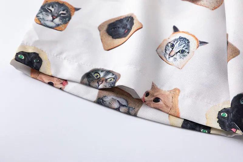 Cat Graphic Print Oversize Shirt     - VONVEX
