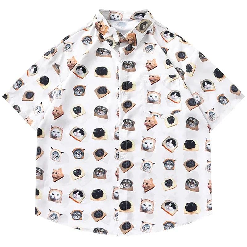 Cat Graphic Print Oversize Shirt     - VONVEX