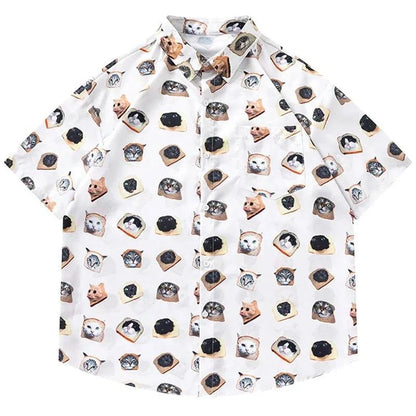Cat Graphic Print Oversize Shirt     - VONVEX