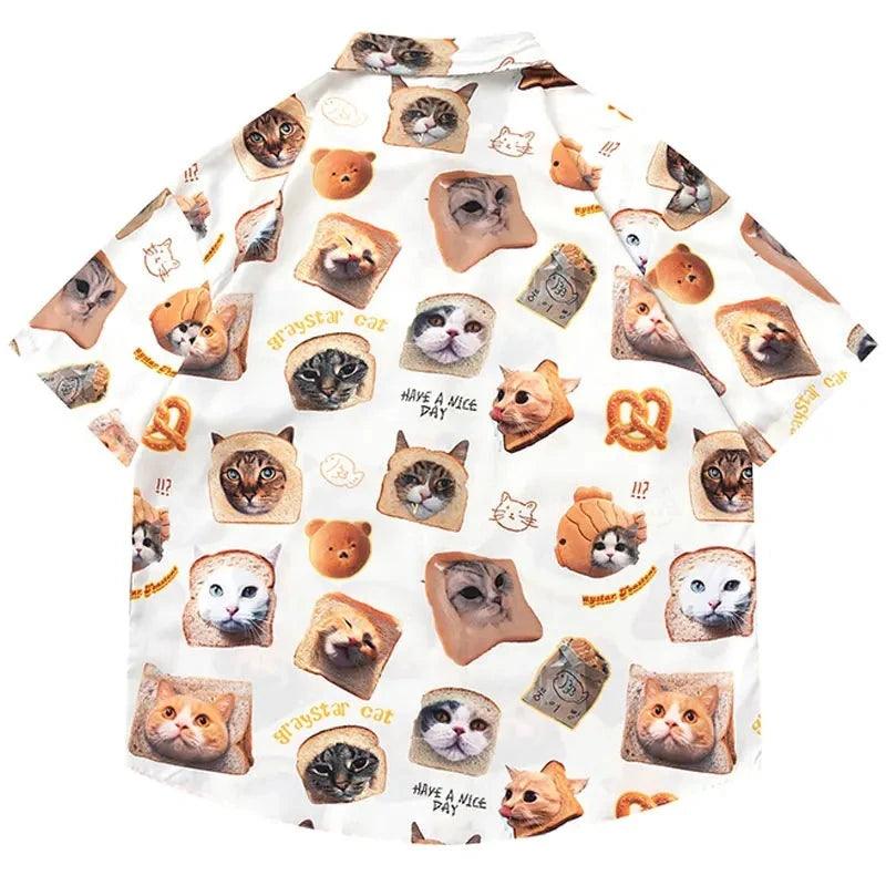 Cat Graphic Print Oversize Shirt     - VONVEX