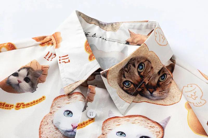 Cat Graphic Print Oversize Shirt     - VONVEX