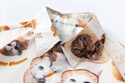 Cat Graphic Print Oversize Shirt     - VONVEX
