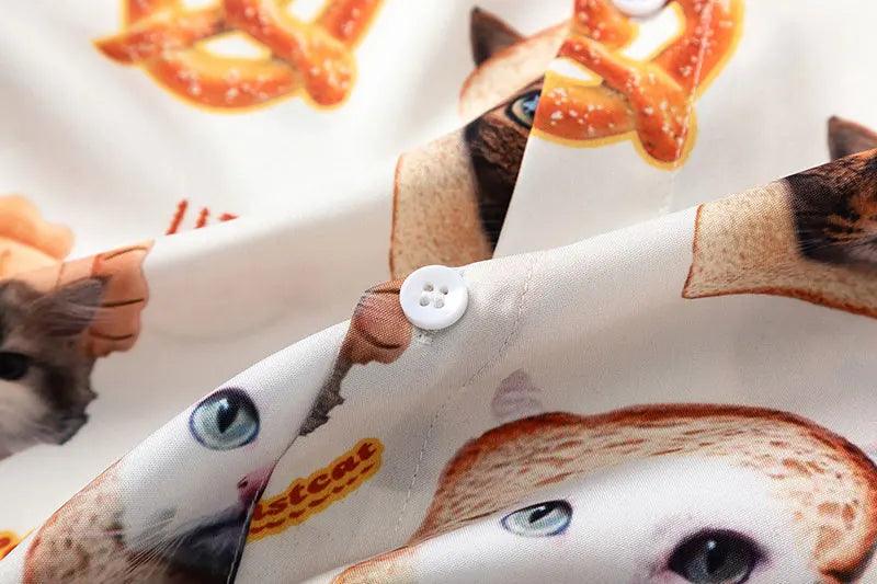 Cat Graphic Print Oversize Shirt     - VONVEX