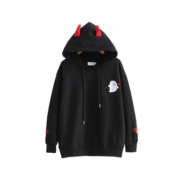 Little Devil Horns Gothic Hoodie  black hoodies M  - VONVEX