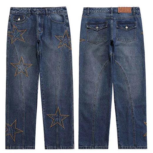 Embroidery Stars Denim Pant     - VONVEX