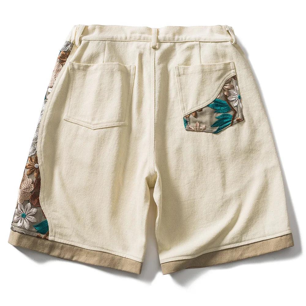 Flower Embroidery Patchwork Short     - VONVEX