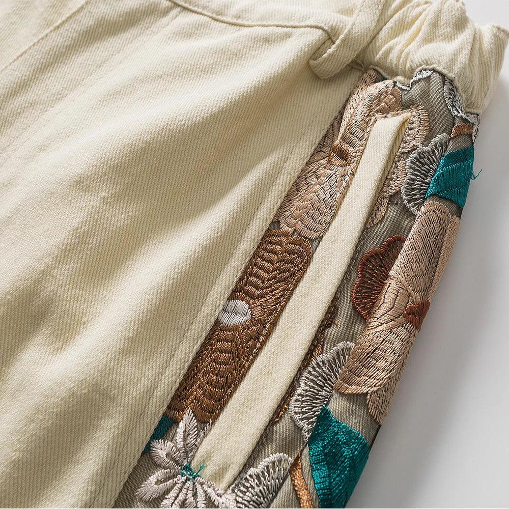 Flower Embroidery Patchwork Short     - VONVEX