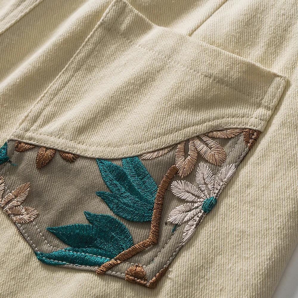 Flower Embroidery Patchwork Short     - VONVEX
