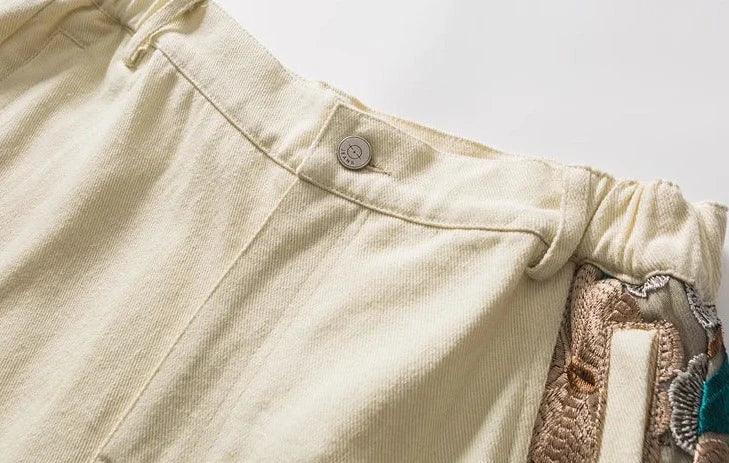 Flower Embroidery Patchwork Short     - VONVEX