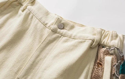 Flower Embroidery Patchwork Short     - VONVEX