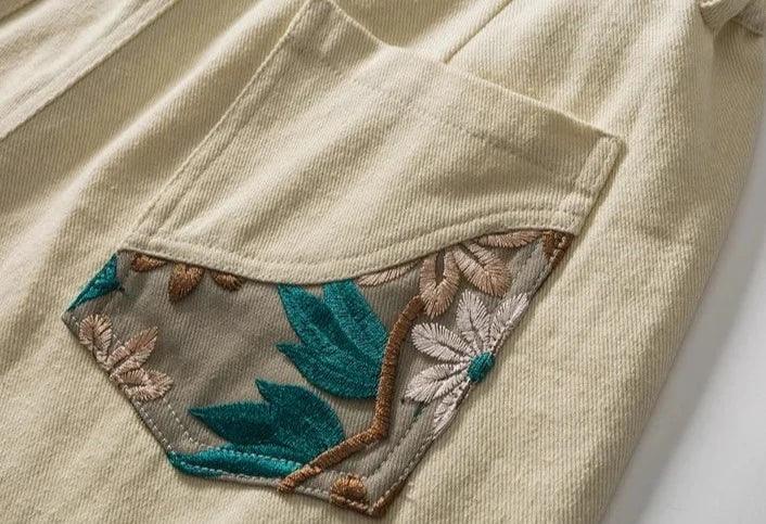 Flower Embroidery Patchwork Short     - VONVEX