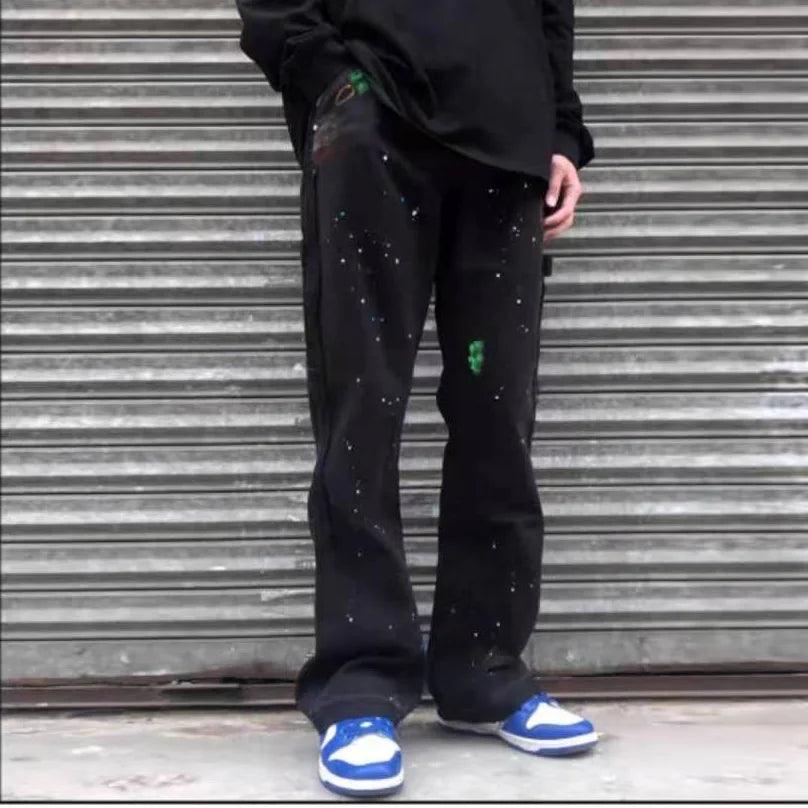 Graffiti Ink Painted Wide Leg Pant     - VONVEX