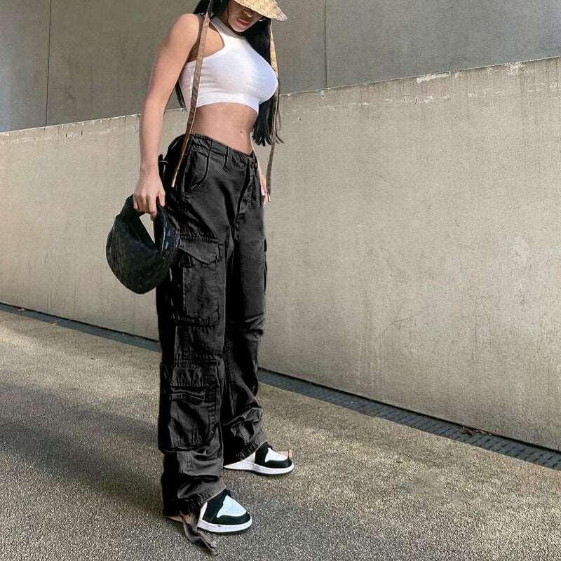 Jeans Cargo Low Waist Denim Pants     - VONVEX