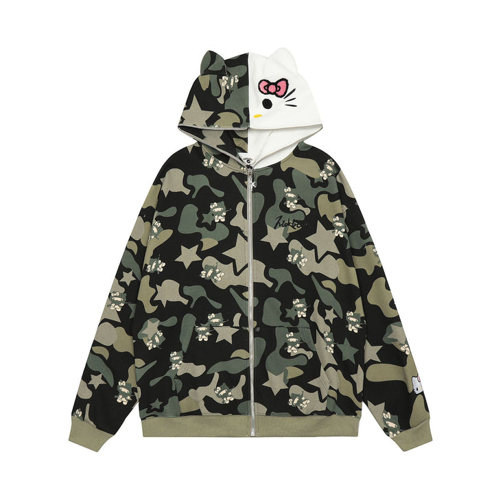 Hello Kitty Camouflage Hoodie  Green S  - VONVEX